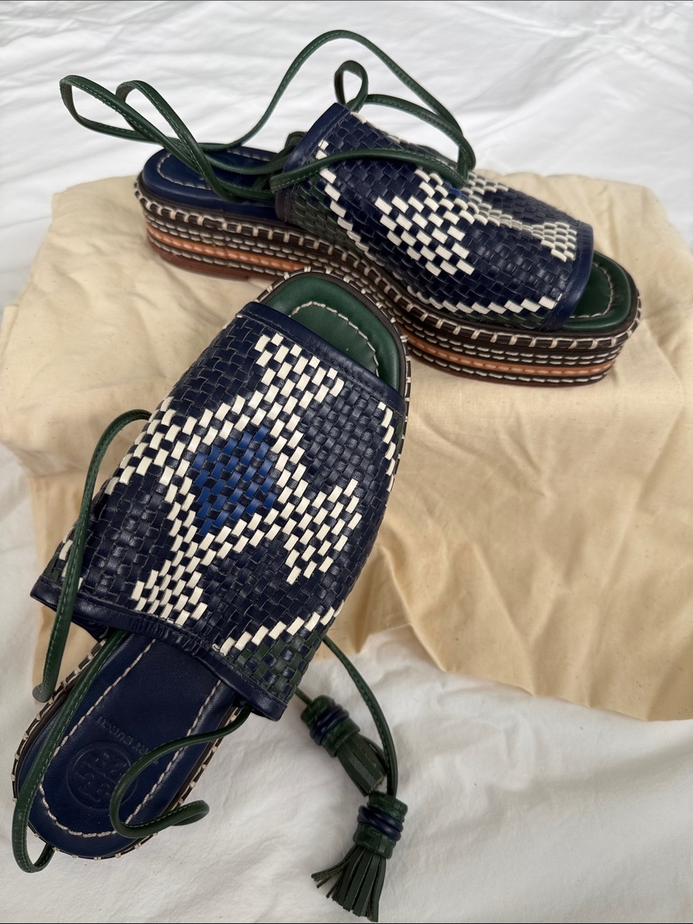 Tory Burch Woven Navy and White Platform Sandals with Green Accents
